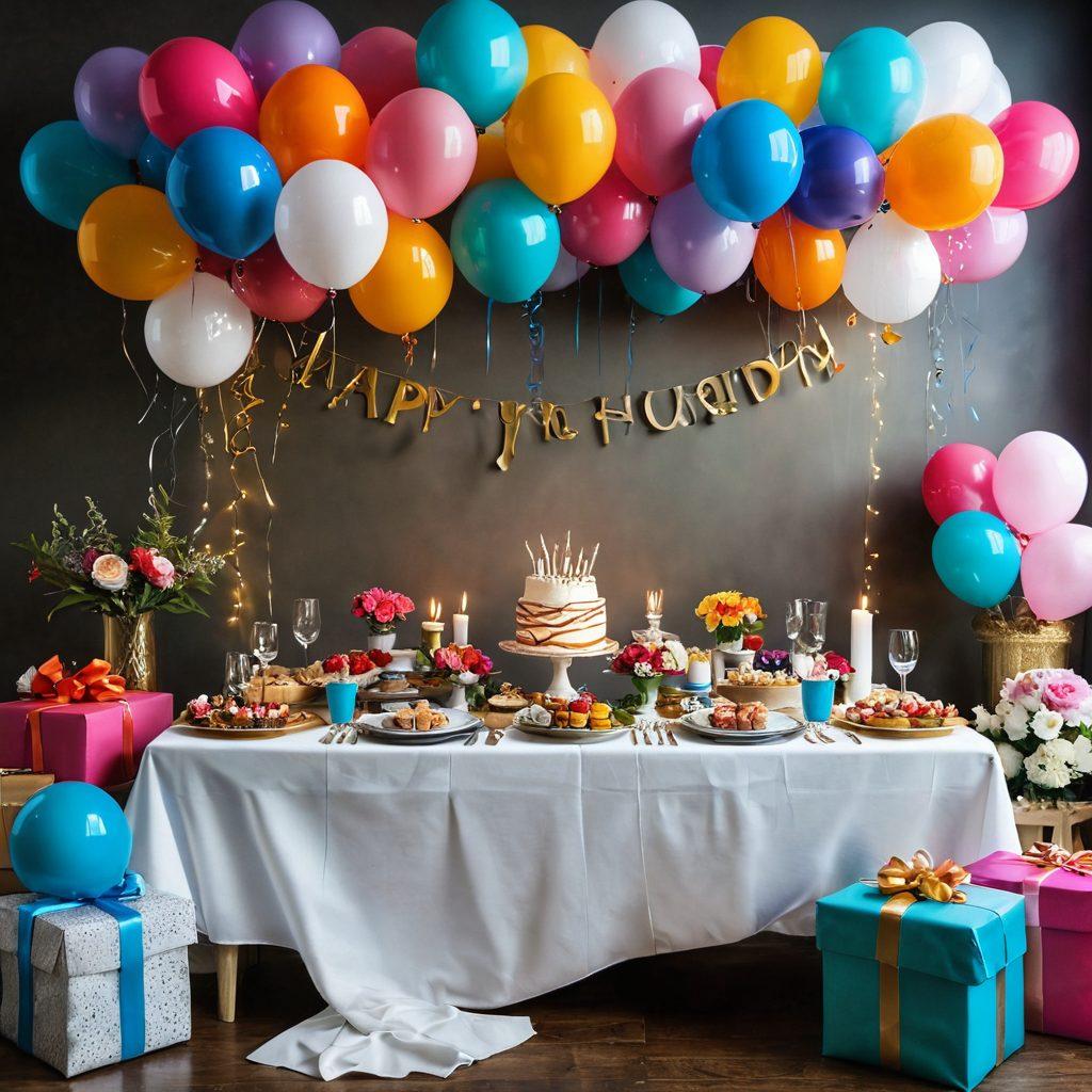 A beautifully arranged table showcasing an array of unique and stylish gifts for various occasions, including a wedding, birthday, and holiday celebration. Incorporate festive decorations like colorful balloons, elegant wrapping paper, and a backdrop of twinkling fairy lights to enhance the celebratory mood. Include diverse people joyfully exchanging gifts, embodying the spirit of togetherness. super-realistic. vibrant colors. warm ambiance.