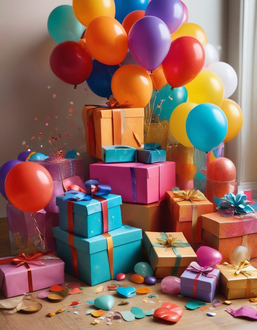 A beautifully arranged display of diverse, joyful gifts including colorful gift boxes, personalized tokens, and heartfelt notes, surrounded by celebratory decorations like balloons and confetti. The scene should exude warmth and happiness, inviting the viewer to feel a sense of gratitude and celebration. Super-realistic. Vibrant colors. Soft lighting.