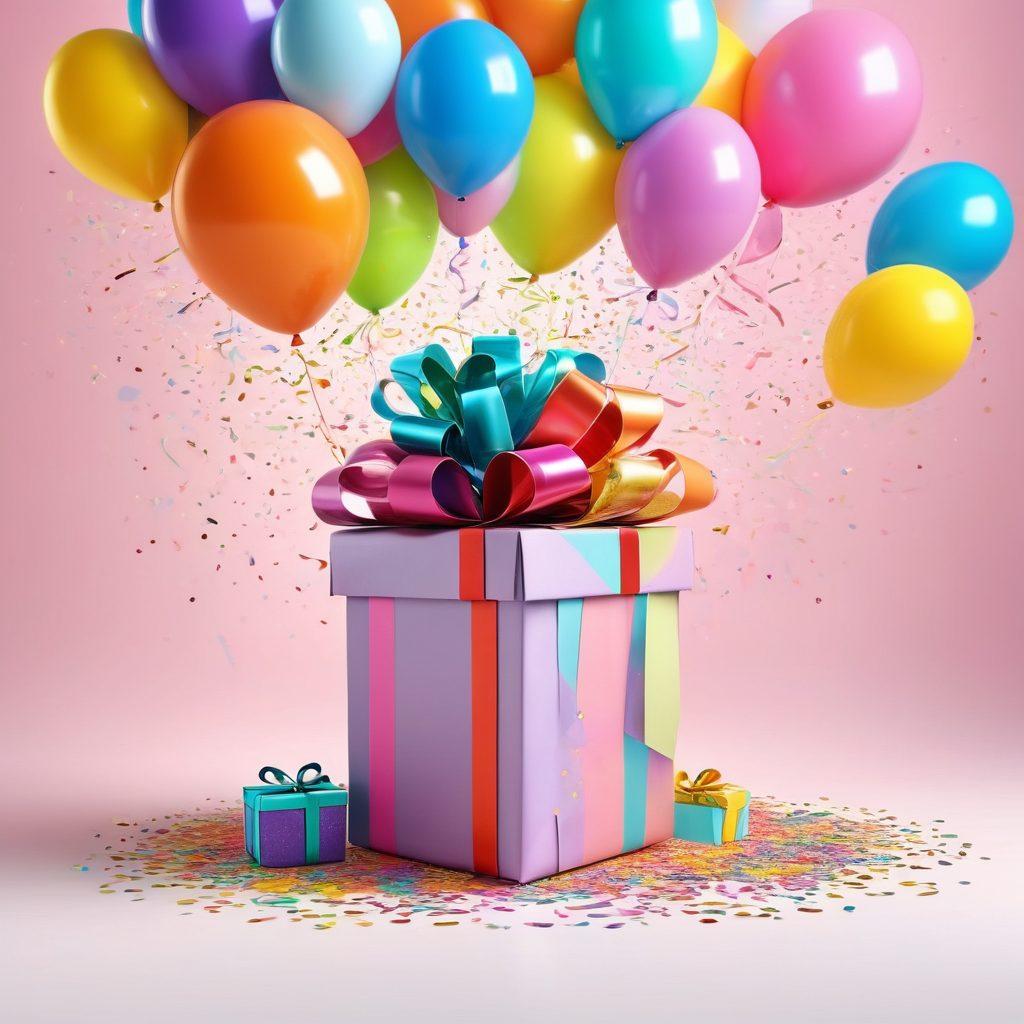 Create a whimsical scene of a beautifully wrapped gift box overflowing with colorful presents, surrounded by confetti and balloons in a festive atmosphere. Include elements representing various celebrations like birthdays, holidays, and graduations, all blending harmoniously. The background should have soft pastel colors to evoke a joyful and cheerful mood. vibrant colors. super-realistic.